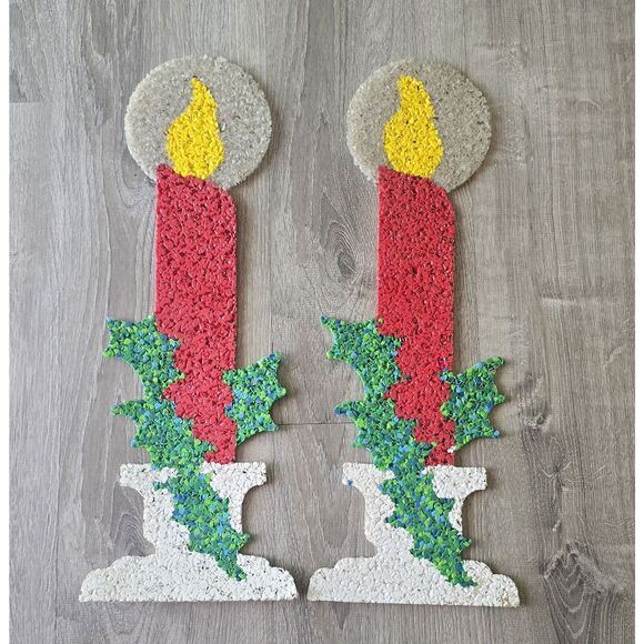 Vintage Mid Century Melted Plastic Popcorn Christmas Candle Pair 23" - Picture 8 of 10